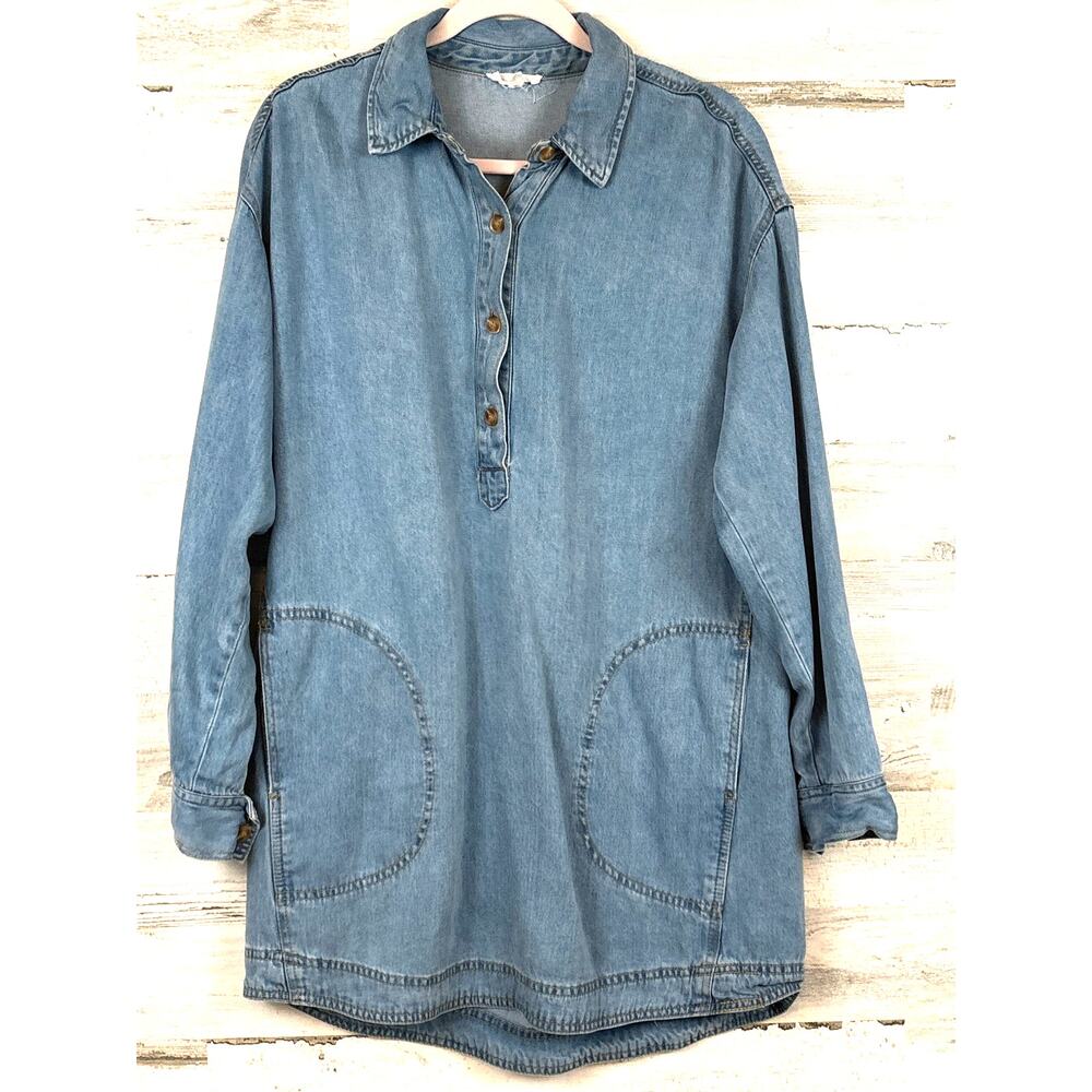 Blue Pepper Womens S Blue Denim Long Sleeve Pocket Soft Jean Pullover Mini Dress